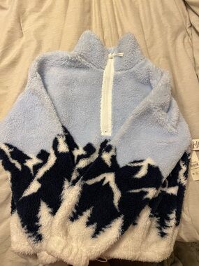 Light Blue and Navy Sherpa Quarter-Zip Pullover Sweater